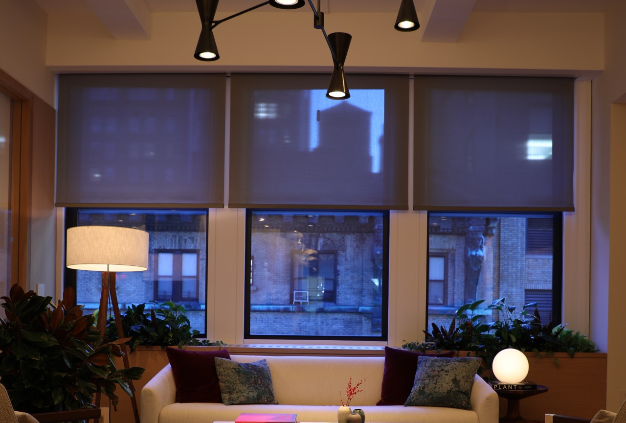 Manhattan home with Lutron shades and smart lighting and view of a Manhattan water tower.